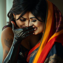 An enticing image of a sexy woman clad in tight latex, one hand gracefully cupping and fully covering the mouth and nose of another woman, who is adorned in a stunning, colorful saree