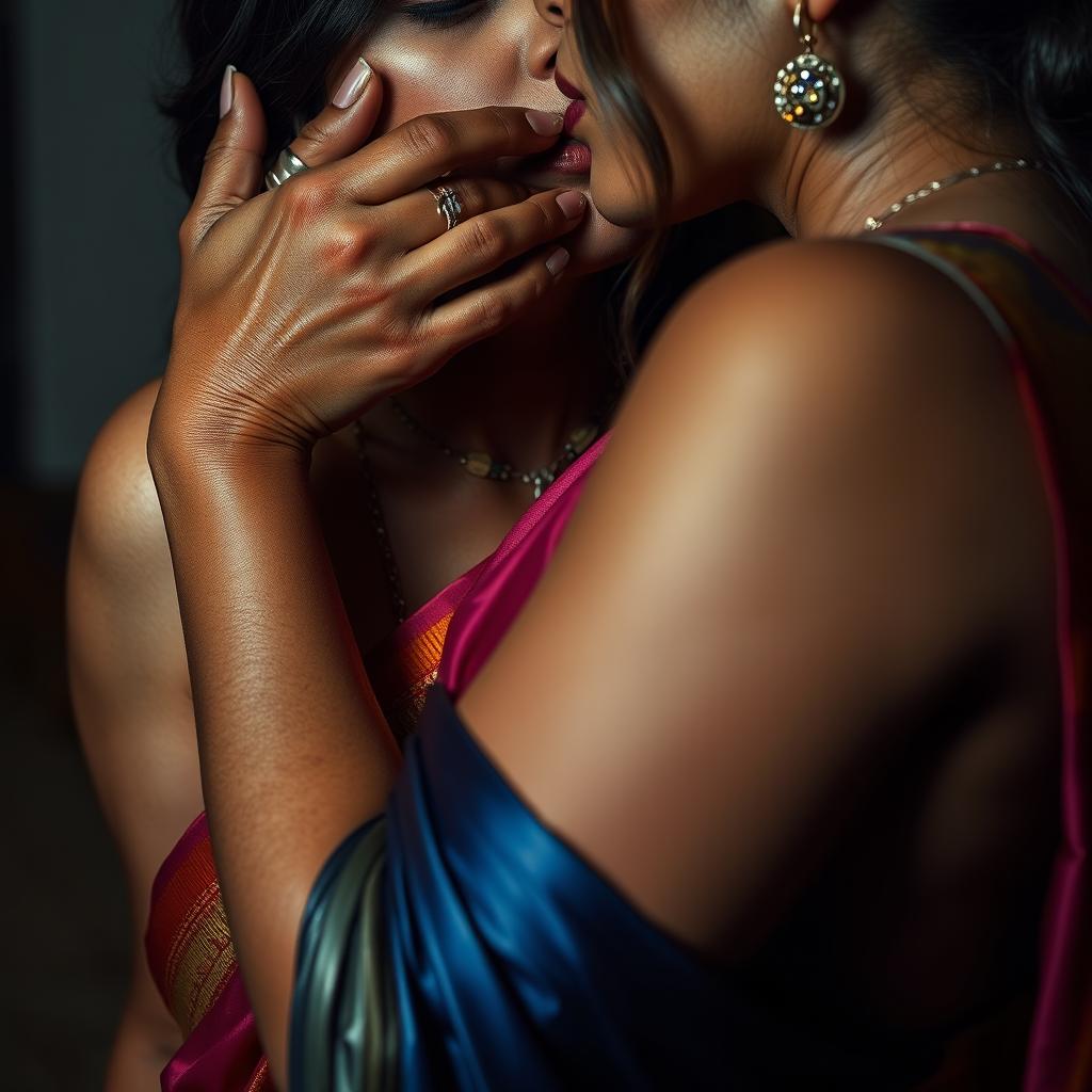 An enticing image of a sexy woman clad in tight latex, one hand gracefully cupping and fully covering the mouth and nose of another woman, who is adorned in a stunning, colorful saree