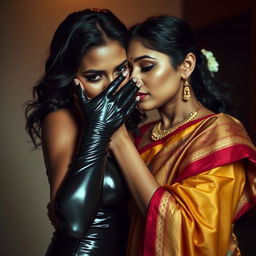 An enticing image of a sexy woman clad in tight latex, one hand gracefully cupping and fully covering the mouth and nose of another woman, who is adorned in a stunning, colorful saree