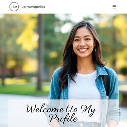 A modern and stylish Instagram profile photo featuring a person with an engaging smile, standing outdoors in soft natural lighting