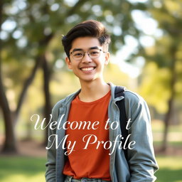 A modern and stylish Instagram profile photo featuring a person with an engaging smile, standing outdoors in soft natural lighting