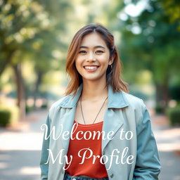 A modern and stylish Instagram profile photo featuring a person with an engaging smile, standing outdoors in soft natural lighting