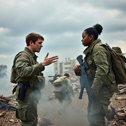 A dramatic battlefield scene featuring two soldiers in full military gear engaged in an intense conversation amidst smoke and debris