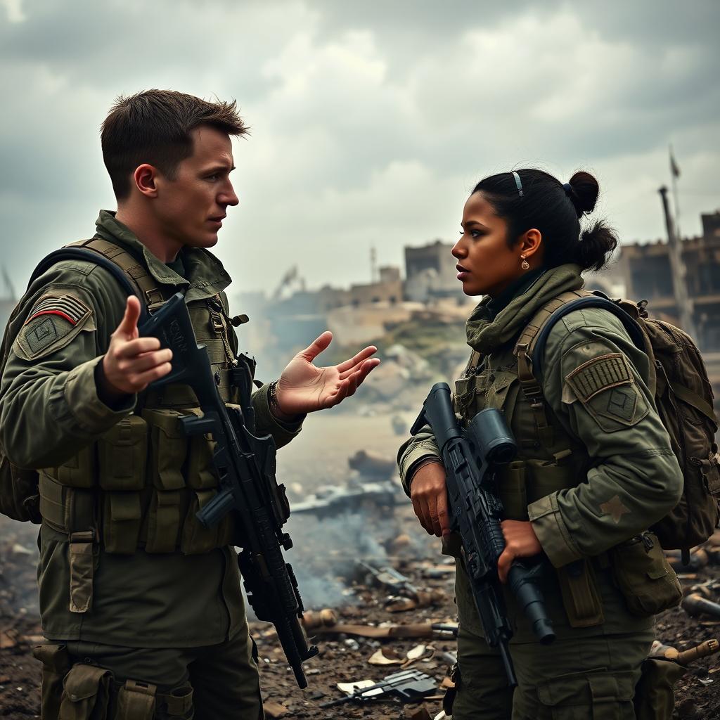 A dramatic battlefield scene featuring two soldiers in full military gear engaged in an intense conversation amidst smoke and debris