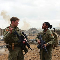 A dramatic battlefield scene featuring two soldiers in full military gear engaged in an intense conversation amidst smoke and debris