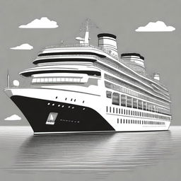 A meticulously drawn black and white cartoon illustration presents a side view of an impressive cruise ship