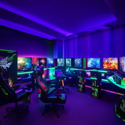 A high-tech gaming room featuring multiple monitors, advanced gaming PCs, latest gaming consoles, ergonomic chairs, RGB lighting and game-themed decorations.