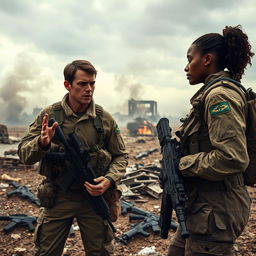 A dramatic battlefield scene featuring two soldiers in full military gear engaged in an intense conversation amidst smoke and debris
