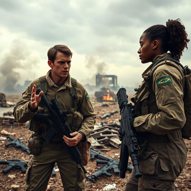 A dramatic battlefield scene featuring two soldiers in full military gear engaged in an intense conversation amidst smoke and debris