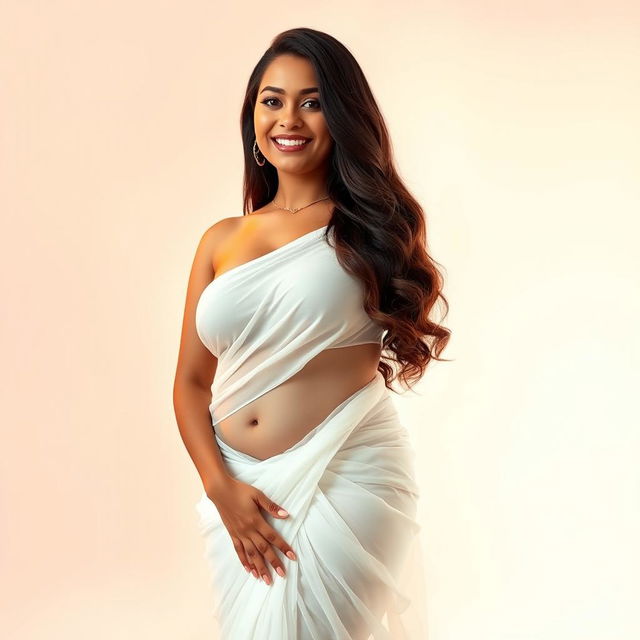 A curvy talkative girl wearing a very low-hip, transparent white saree that drapes elegantly around her body, showcasing her curves