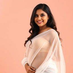 A curvy talkative girl wearing a very low-hip, transparent white saree that drapes elegantly around her body, showcasing her curves