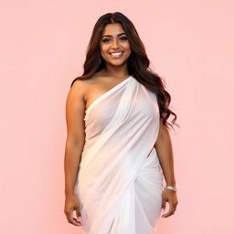 A curvy talkative girl wearing a very low-hip, transparent white saree that drapes elegantly around her body, showcasing her curves