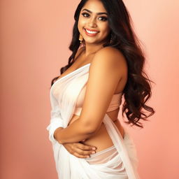 A curvy talkative girl wearing a very low-hip, transparent white saree that drapes elegantly around her body, showcasing her curves
