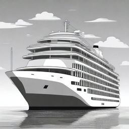 A meticulously drawn black and white cartoon illustration presents a side view of an impressive cruise ship