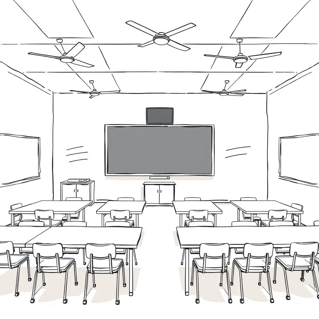 A detailed sketch of a classroom layout featuring 16 tables, each equipped with 2 chairs for students