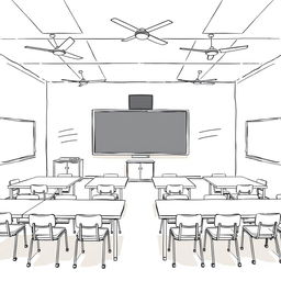 A detailed sketch of a classroom layout featuring 16 tables, each equipped with 2 chairs for students