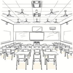 A detailed sketch of a classroom layout featuring 16 tables, each equipped with 2 chairs for students