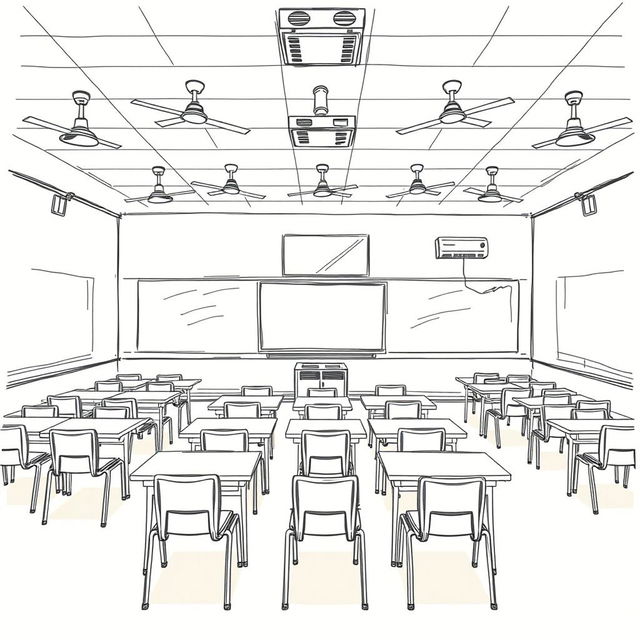 A detailed sketch of a classroom layout featuring 16 tables, each equipped with 2 chairs for students
