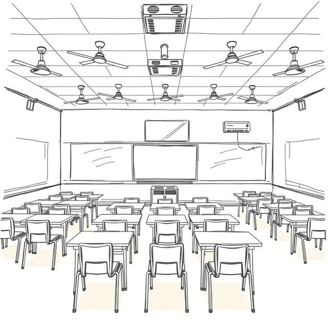 A detailed sketch of a classroom layout featuring 16 tables, each equipped with 2 chairs for students