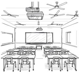A detailed sketch of a classroom layout featuring 16 tables, each equipped with 2 chairs for students