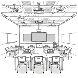 A detailed sketch of a classroom layout featuring 16 tables, each equipped with 2 chairs for students