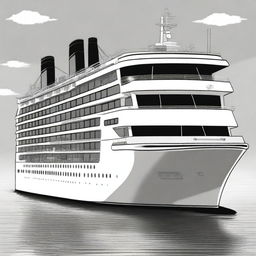 A meticulously drawn black and white cartoon illustration presents a side view of an impressive cruise ship