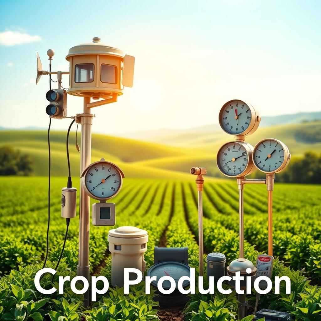 A beautifully designed cover page featuring various meteorological equipment related to crop production