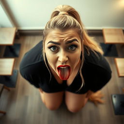 A plus-size woman kneeling on her knees in an empty cafe