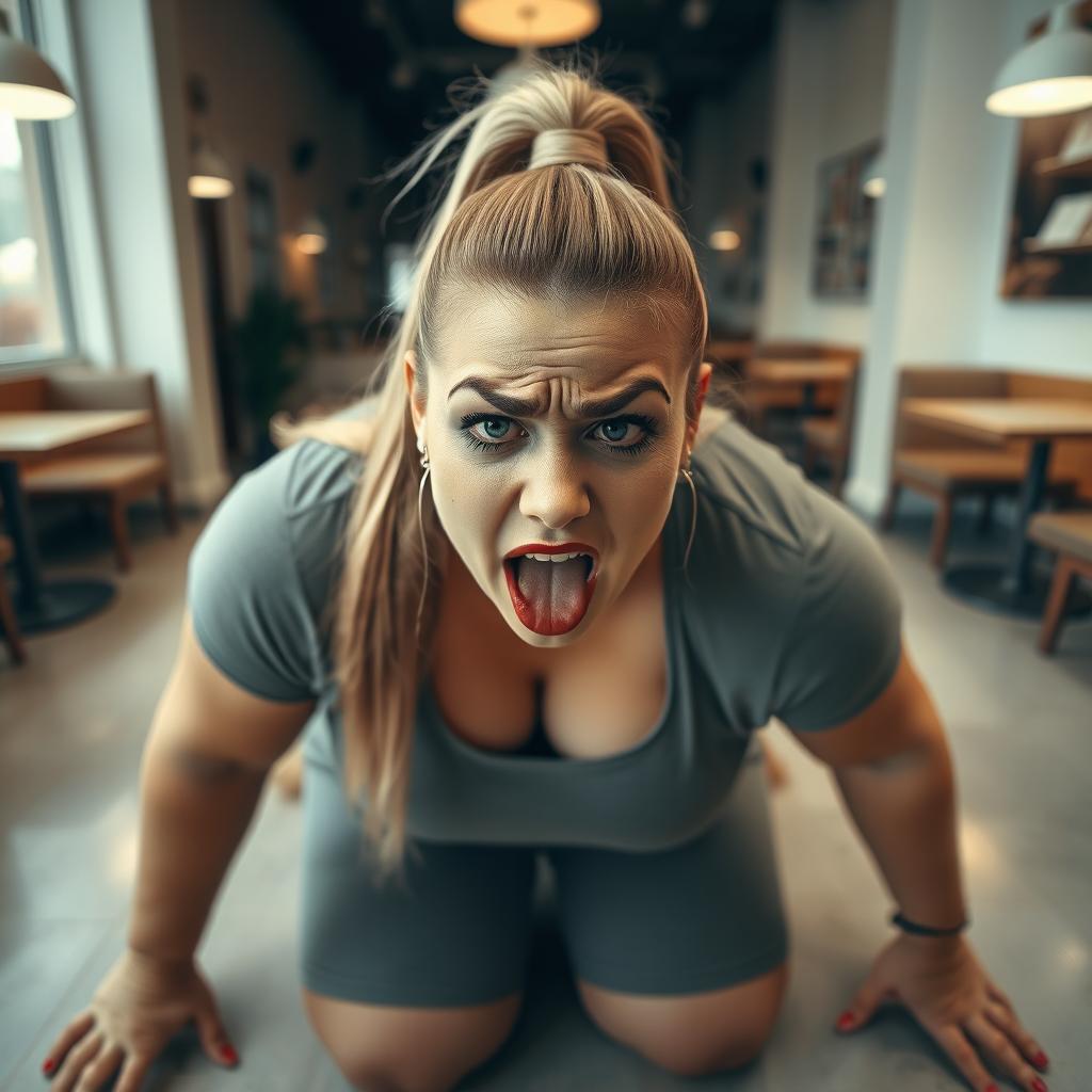 A plus-size woman kneeling on her knees in an empty cafe