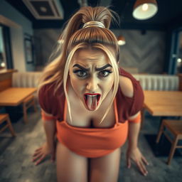 A plus-size woman kneeling on her knees in an empty cafe