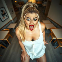 A plus-size woman kneeling on her knees in an empty cafe