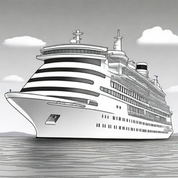 A meticulously drawn black and white cartoon illustration presents a side view of an impressive cruise ship