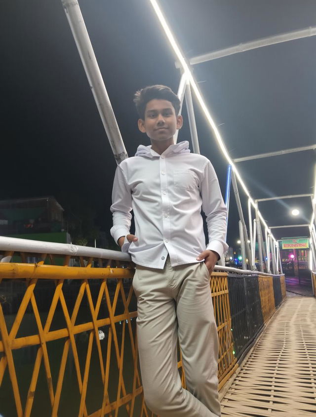 A young male standing confidently on a brightly lit bridge at night