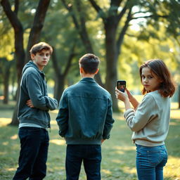 A scene capturing a girl trying to take a photo of two young handsome boys at a park