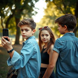 A scene capturing a girl trying to take a photo of two young handsome boys at a park