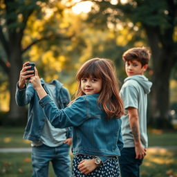 A scene capturing a girl trying to take a photo of two young handsome boys at a park