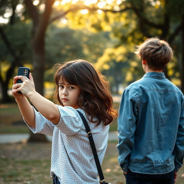 A scene capturing a girl trying to take a photo of two young handsome boys at a park