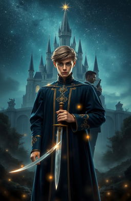 A dark, mysterious landscape featuring a majestic palace towering under a glittering starry sky