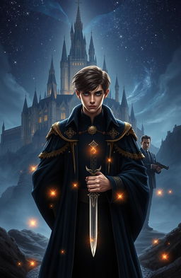 A dark, mysterious landscape featuring a majestic palace towering under a glittering starry sky