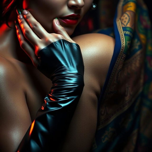 An enticing image of a sexy woman clad in sleek latex, her palm cupping and fully covering the mouth and nose of another woman from behind