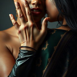 An enticing image of a sexy woman clad in sleek latex, her palm cupping and fully covering the mouth and nose of another woman from behind