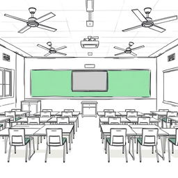 A detailed sketch of a classroom interior featuring 16 tables, each with 2 chairs for students