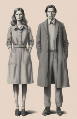 This pencil drawing, inspired by Wes Anderson, depicts a man and woman standing side by side