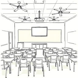 A detailed sketch of a classroom interior featuring 16 tables, each with 2 chairs for students