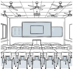 A detailed sketch of a classroom interior featuring 16 tables, each with 2 chairs for students