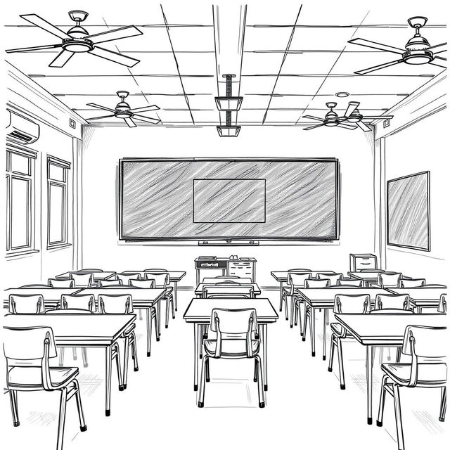 A detailed sketch of a classroom interior featuring 16 tables, each with 2 chairs for students