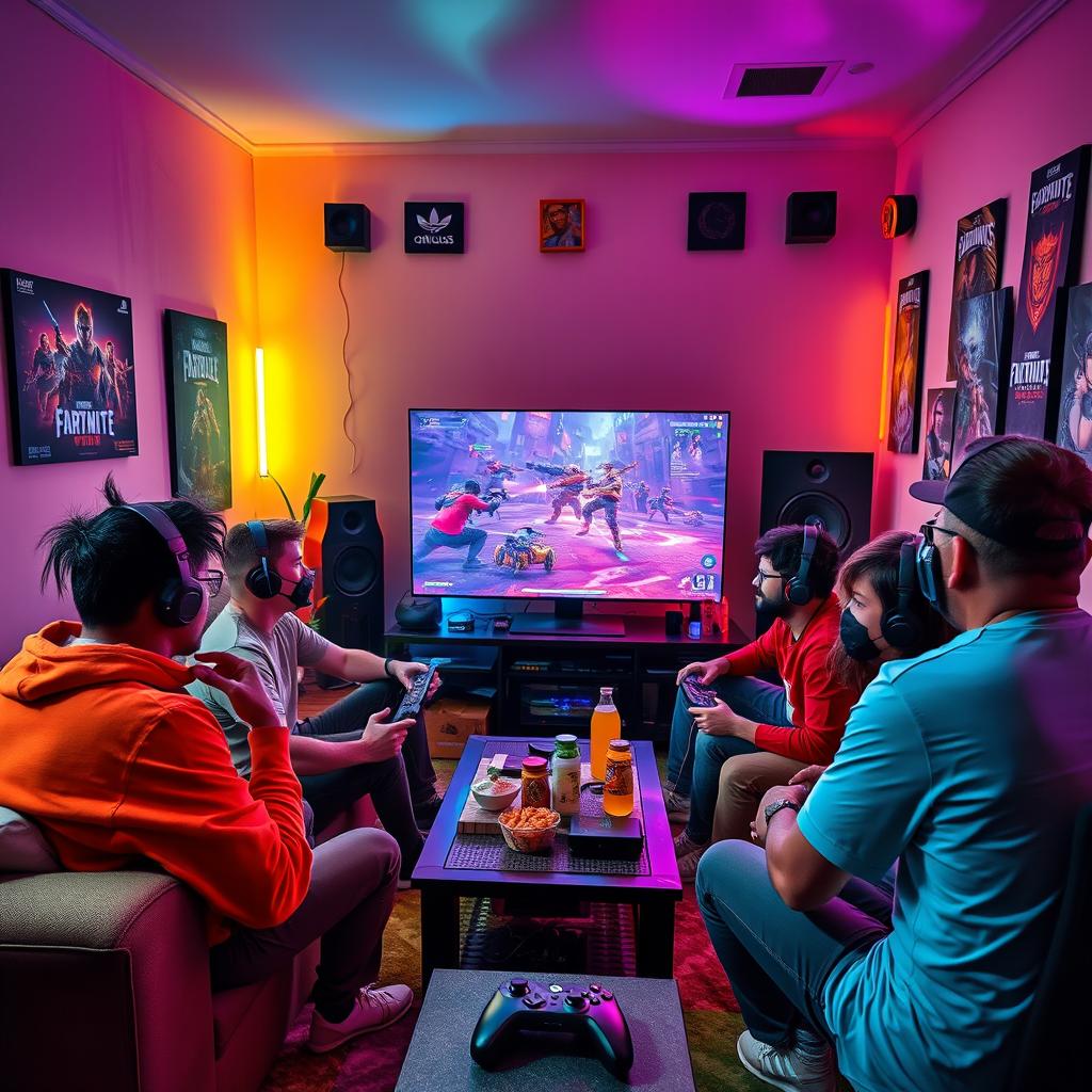 A vibrant and immersive gaming scene featuring a diverse group of gamers of various ages and ethnicities playing video games together in a cozy living room