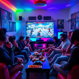 A vibrant and immersive gaming scene featuring a diverse group of gamers of various ages and ethnicities playing video games together in a cozy living room