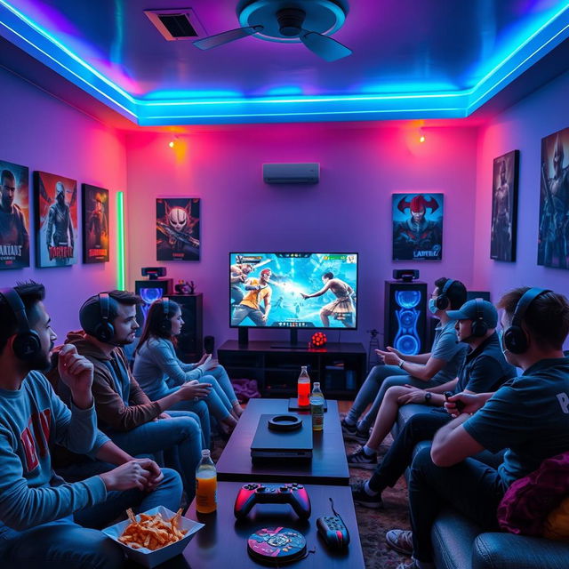 A vibrant and immersive gaming scene featuring a diverse group of gamers of various ages and ethnicities playing video games together in a cozy living room