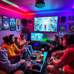 A vibrant and immersive gaming scene featuring a diverse group of gamers of various ages and ethnicities playing video games together in a cozy living room